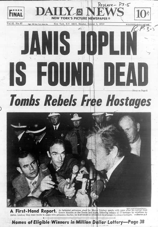 Portada Daily News 1970 muere Janis Joplin